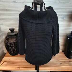 WHITE HOUSE BLACK MARKET BLACK STRIPED RIBBED KNIT COWL NECK SWEATER, SIZE S
